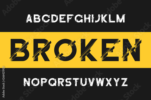 Broken glitch font. Modern sans-serif alphabet with distortion. Vector font with broken effect.