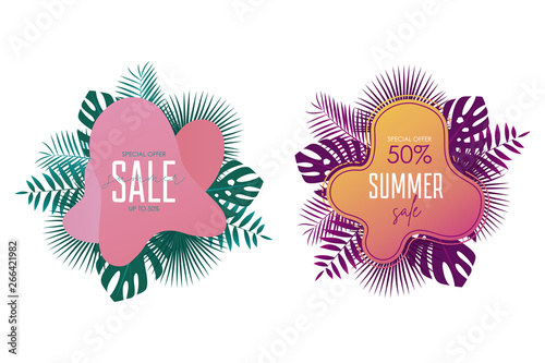 Summer sale banner template. Promotion banners design with palm leaves, exotic and tropic background. Promo stickers and badges. Vector.