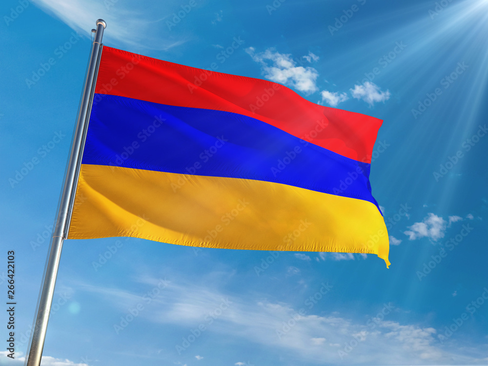 Armenia National Flag Waving on pole against sunny blue sky background. High Definition Armenia National Flag Waving on pole against sunny blue sky background. High Definition