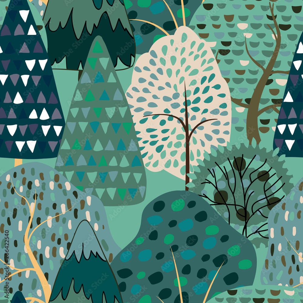 Naklejka Seamless pattern background with stylized summer trees.