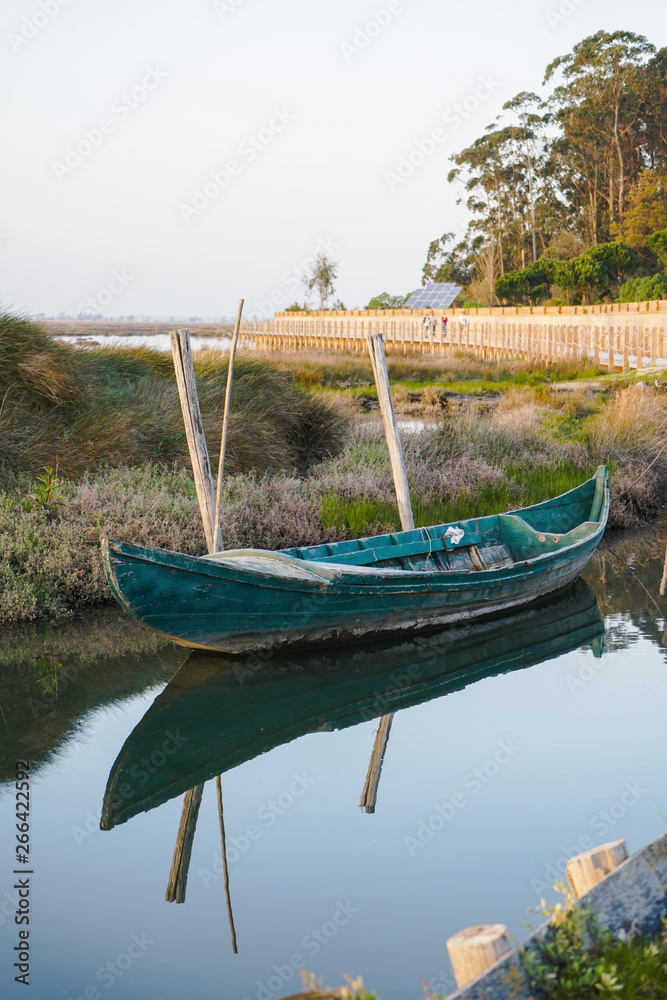 Obraz premium Quaint small boat next to shore in peaceful lagoon on bright day. Boat reflection on water.