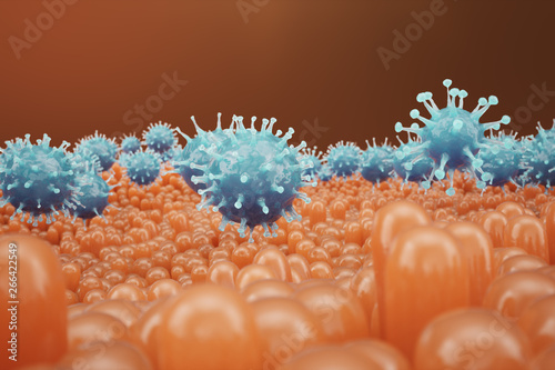Intestinal villi, mucosa intestinal. Bacteria and microbes in intestines. Microscopic villi and capillary. Human intestine, chronic disease. Hepatitis viruses, influenza, cell infections, 3D Rendering photo