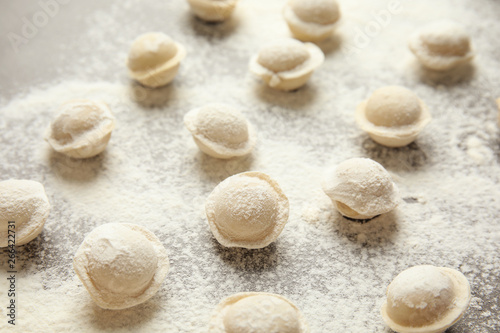 Raw dumplings on grey background, closeup. Process of cooking