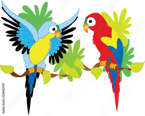 Blue macaw, and red macaw, tropical birds, bird in danger of extinction. White background. Cute cartoon.