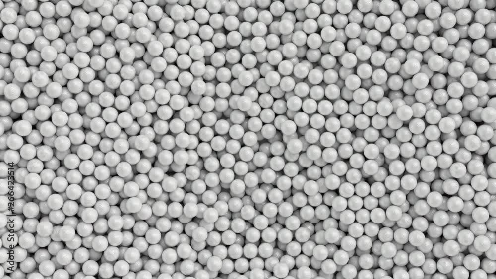 Animated top view and flying over pile of a lot of white plain golf balls lying in large container or as if moving on conveyor belt. Animated top view and flying over pile of a lot of white plain golf balls lying in large container or as if moving on conveyor belt.
