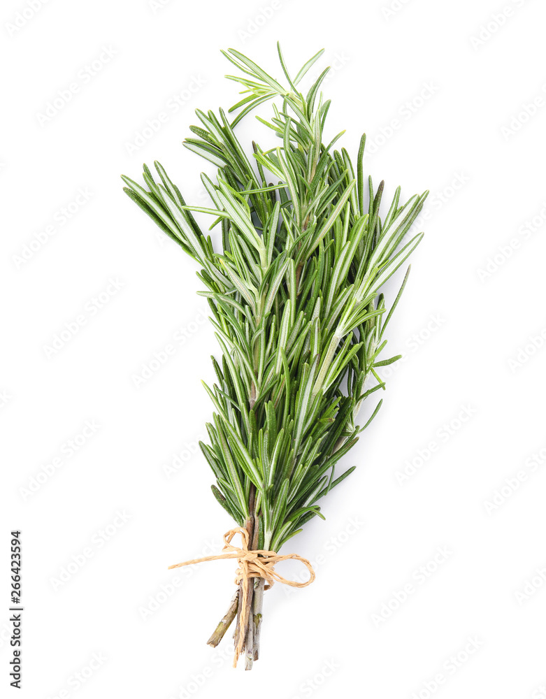 Fototapeta premium Bunch of fresh rosemary on white background, top view