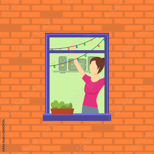 Cartoon Neighbor Character into the Window. Vector