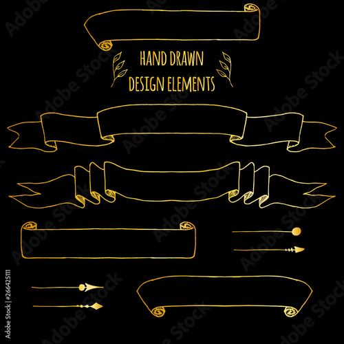 Set of handdrawn vintage elements. Ribbons, arrows, laurel wreath, page deviders. Hand drawn sketched, vector illustration for bullet journal, notepad, memobook, scrapbooking, invitations, weddings. photo