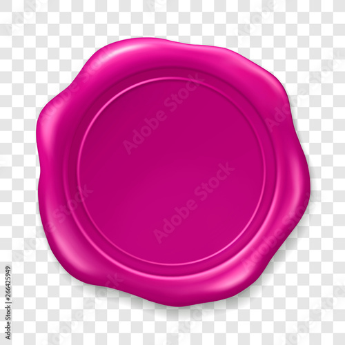 Pink wax seal. Sealing wax old realistic stamp label on transparent background. Top view. Empty golden wax plastic seal with gold foil. Vector Illustration EPS10