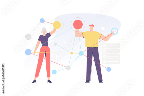 Integration services related, vector illustration concept for application and website development. The illustration contains business people, employees, clients, men and woman characters.