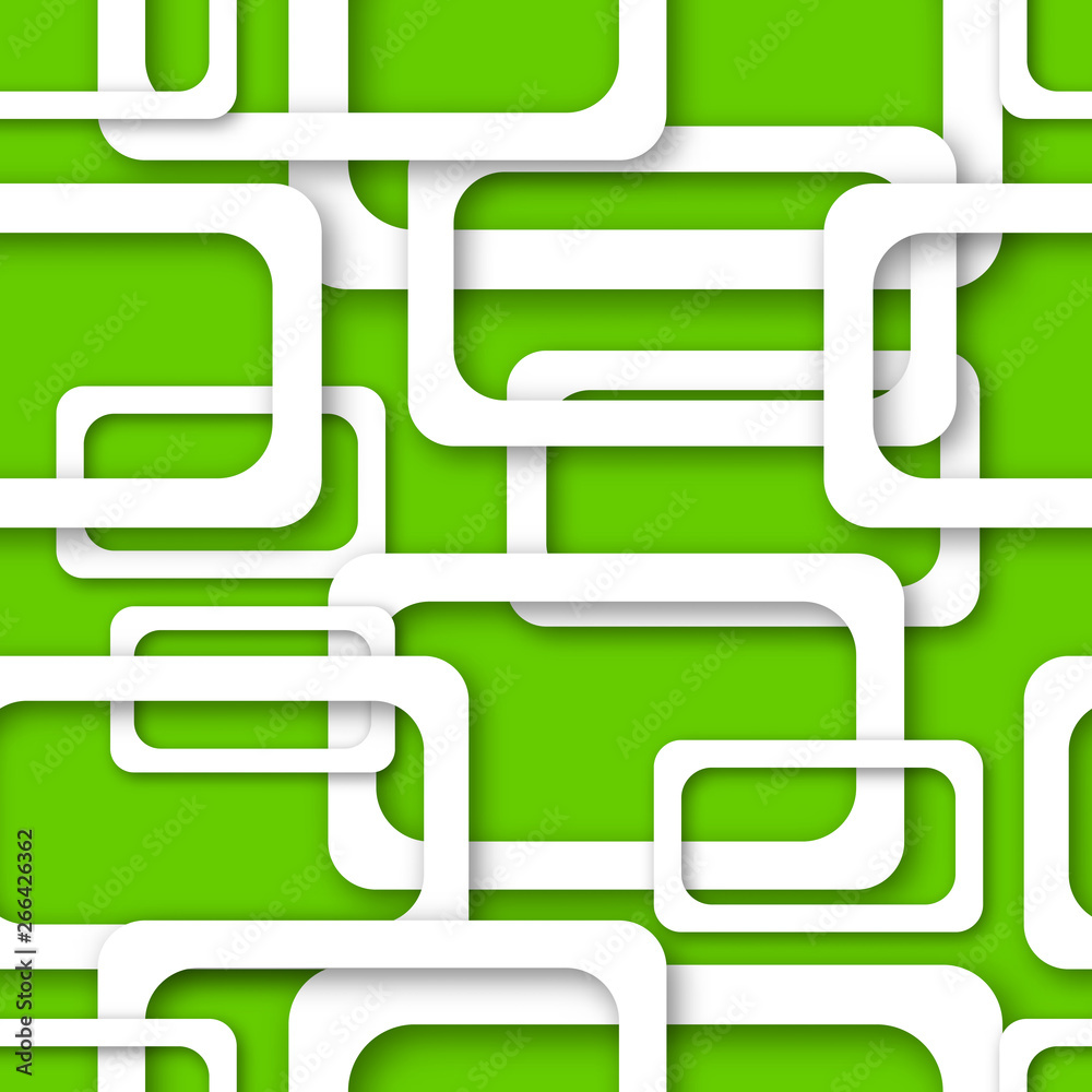 Abstract seamless pattern of randomly arranged white rectangle frames with soft shadows on green background Abstract seamless pattern of randomly arranged white rectangle frames with soft shadows on green background