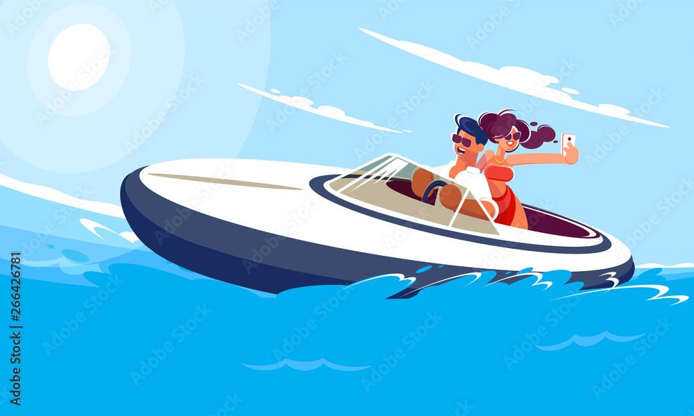 Young guy with a girl ride a boat on the sea on a sunny summer day. A girl makes selfie with her boyfriend on a moving boat. Smiling characters engaged in active sports and entertainment.