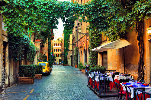 Fototapeta Naklejka Na Ścianę i Meble -  Beautiful ancient street in Rome lined with leafy vines and cafe tables, Italy