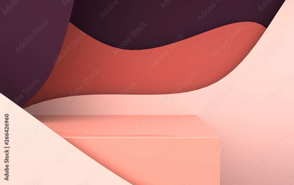 3d rendered scene with paper waves and podium. Platform for product presentation, mock up background. Abstract composition in modern paper art style - obrazy, fototapety, plakaty 