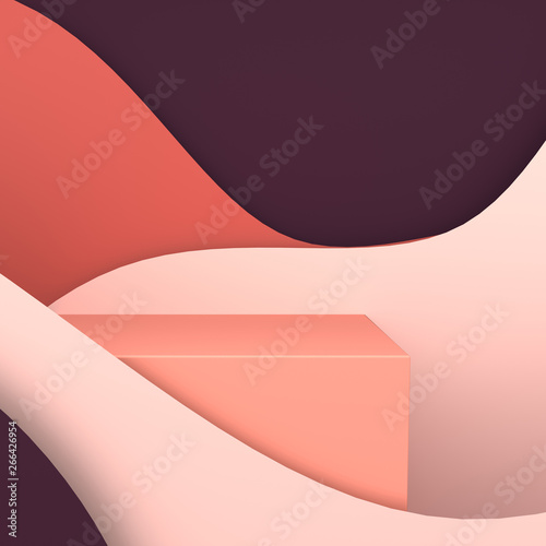 3d rendered scene with paper waves and podium. Platform for product presentation, mock up background. Abstract composition in modern paper art style