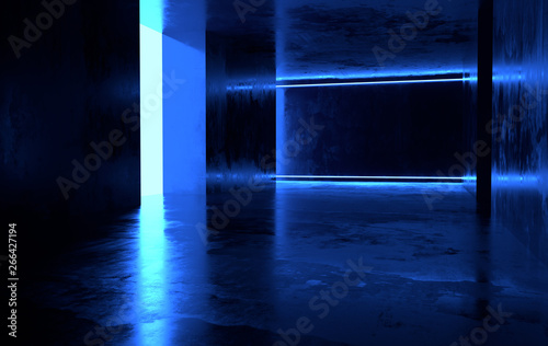 Futuristic sci-fi concrete room with glowing neon. Virtual reality portal  computer video games  vibrant colors  laser energy source. Blue neon lights