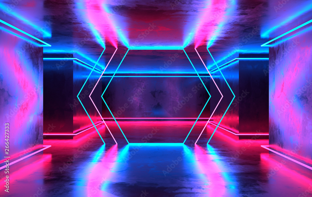 Futuristic sci-fi concrete room with glowing neon. Virtual reality portal, computer video games, vibrant colors, laser energy source. Blue and pink neon lights