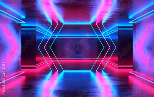 Futuristic sci-fi concrete room with glowing neon. Virtual reality portal, computer video games, vibrant colors, laser energy source. Blue and pink neon lights © Meranna