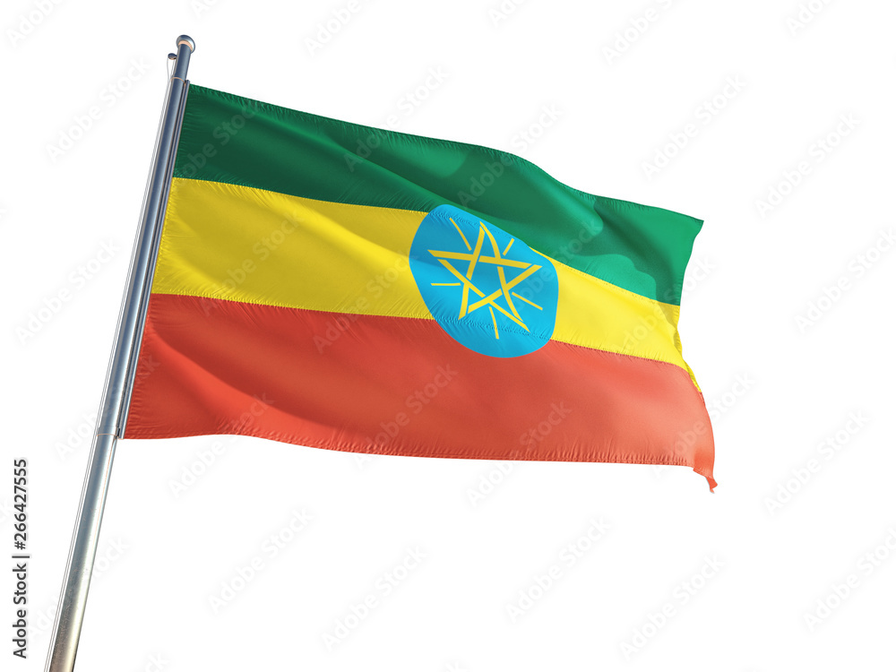 Obraz premium Ethiopia National Flag waving in the wind, isolated white background. High Definition