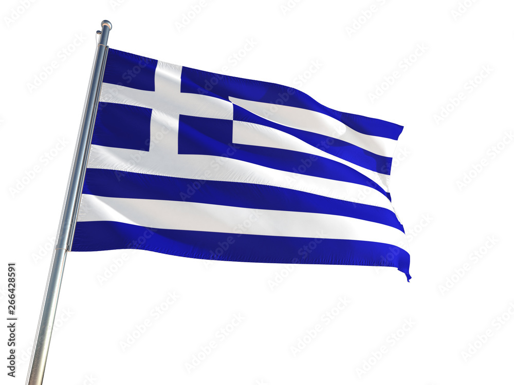 Obraz premium Greece National Flag waving in the wind, isolated white background. High Definition