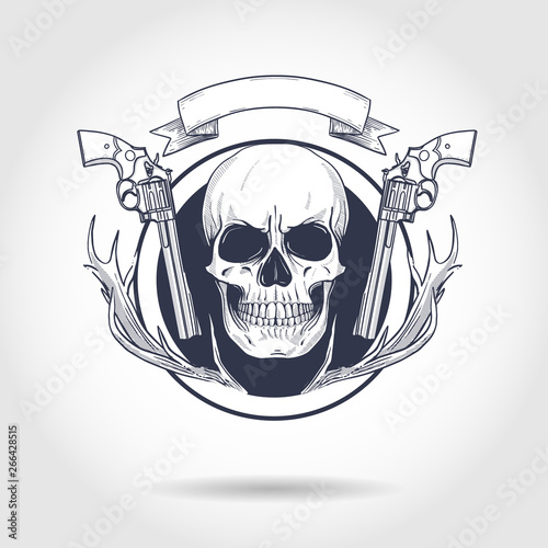 Sketch, skull with rifles, guns, antler and ribbon for text