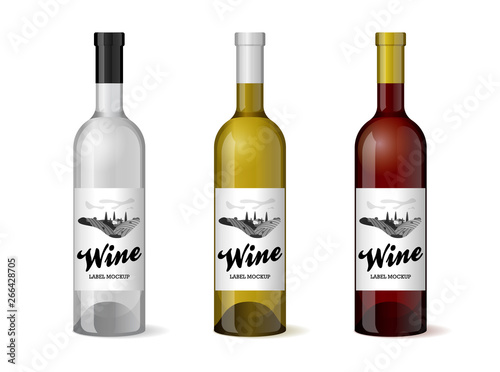 Wine bottle with hand-drawn label retro vintage design template set. Alcohol industry vineyard wine grapes hills farm emblem. Monochrome romantic rural landscape, black on white. Vector illustration