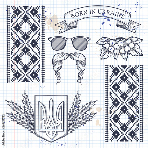 Hand drawn sketch, Ukrainian ethnic features on a notebook page