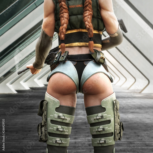 Photography Portrait back view of a futuristic red headed soldier facing down the hall of a modern abstract architectural structure after firing her gun