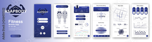 Fitness, GYM UI, UX, GUI screens fitness app and flat web icons for mobile apps, Bodybuilding application design. Mock up Mobile app. Vector template. Dashboard interface design for mobile application
