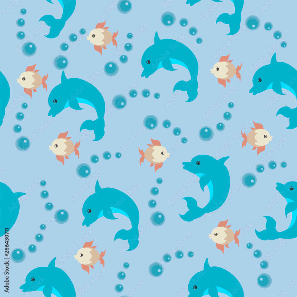 marine seamless pattern with dolphin and fish marine seamless pattern with dolphin and fish