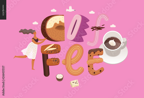 Dessert lettering - Coffee - modern flat vector concept digital illustration of temptation font, sweet lettering and girls. Caramel, toffee, biscuit, waffle, cookie, cream and chocolate letters