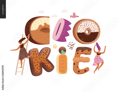 Dessert lettering - Cookie - modern flat vector concept digital illustration of temptation font, sweet lettering and girls. Caramel, toffee, biscuit, waffle, cookie, cream and chocolate letters