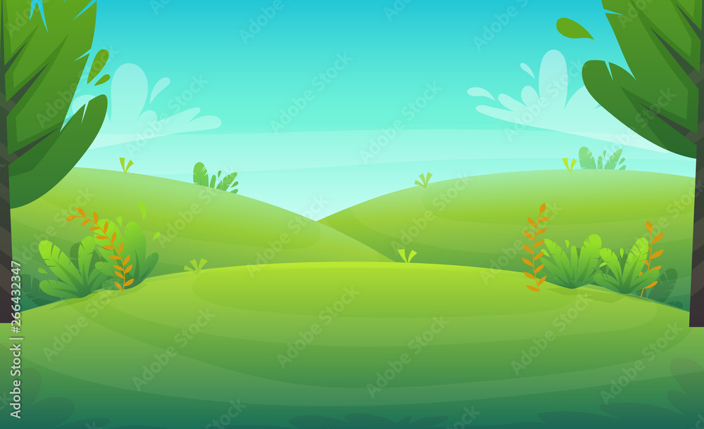 green grass barbeque grill at park or forest trees and bushes flowers scenery background , nature lawn ecology peace vector illustration of forest nature happy funny  picnic cartoon style landscape