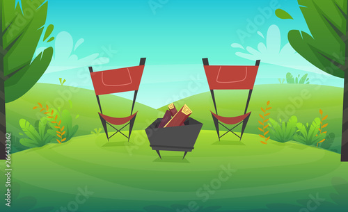 green grass barbeque grill at park or forest trees and bushes flowers scenery background , nature lawn ecology peace vector illustration of forest nature happy funny  picnic cartoon style landscape