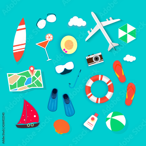 Summer holiday flat icons with lettering. Vector illustration