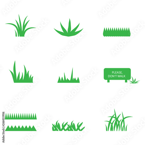 Green Grass Icons Set - Isolated On White Background. Grass Vector Illustration. Flat Plant Vector For Logo Design, Lawn Symbol, Herbal And Park Design. Cartoon Style