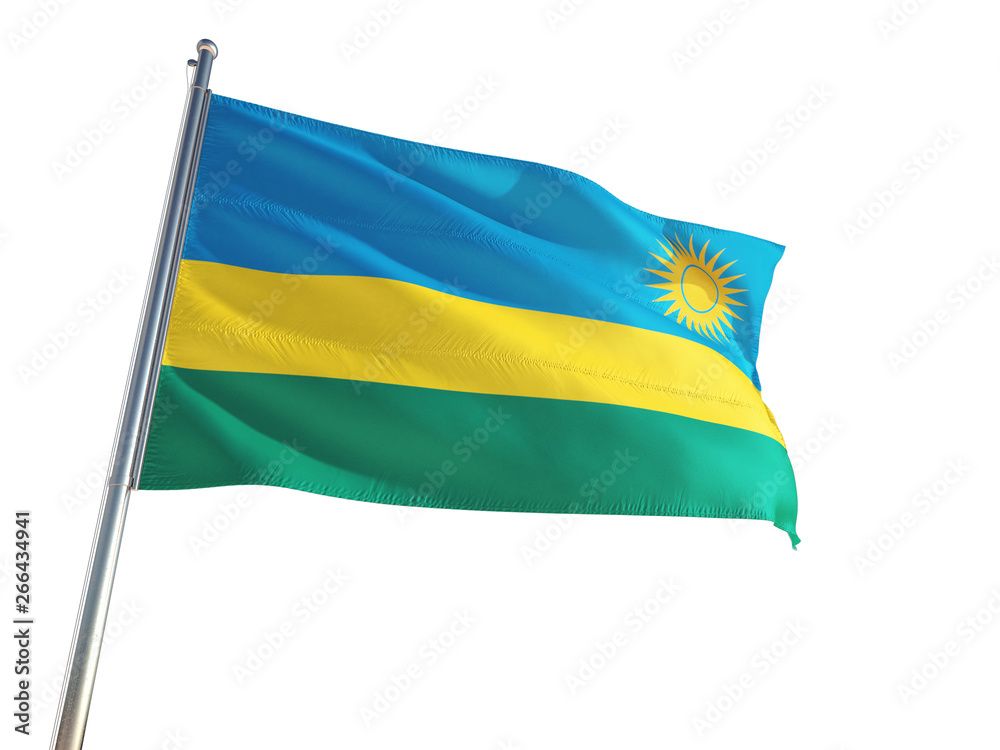 Rwanda National Flag waving in the wind, isolated white background. High Definition Rwanda National Flag waving in the wind, isolated white background. High Definition
