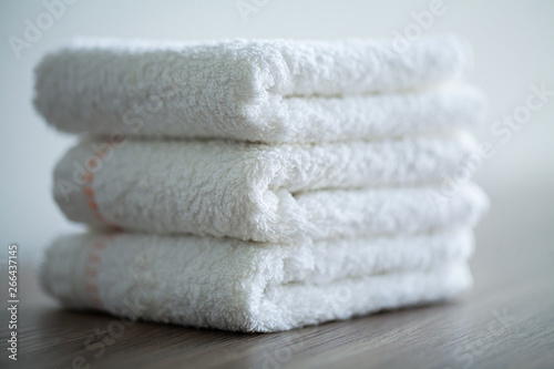 Spa. White Cotton Towels Use In Spa Bathroom. Towel Concept. Photo For Hotels and Massage Parlors. Purity and Softness. Towel Textile