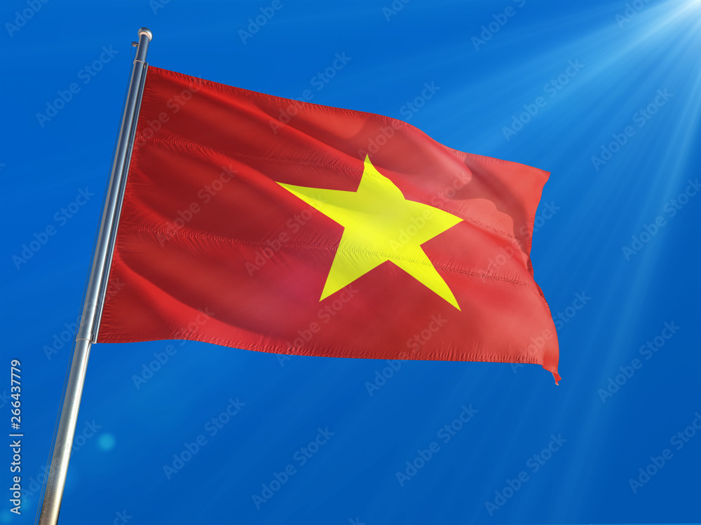 Vietnam National Flag Waving on pole against deep blue sky background. High Definition Vietnam National Flag Waving on pole against deep blue sky background. High Definition