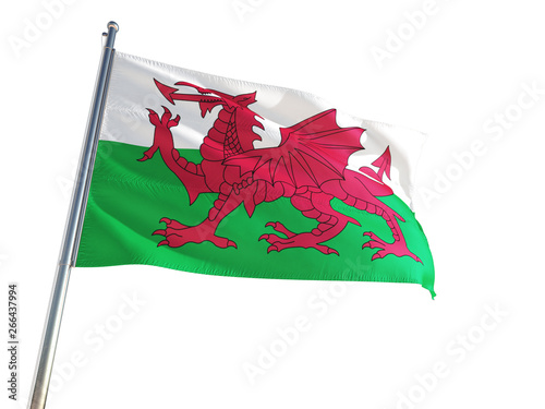 Wales - Galler National Flag waving in the wind, isolated white background. High Definition