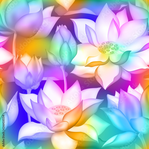 Lotus buds and flowers seamless wallpaper., Water lilly nelumbo aquatic plant floral graphic design.