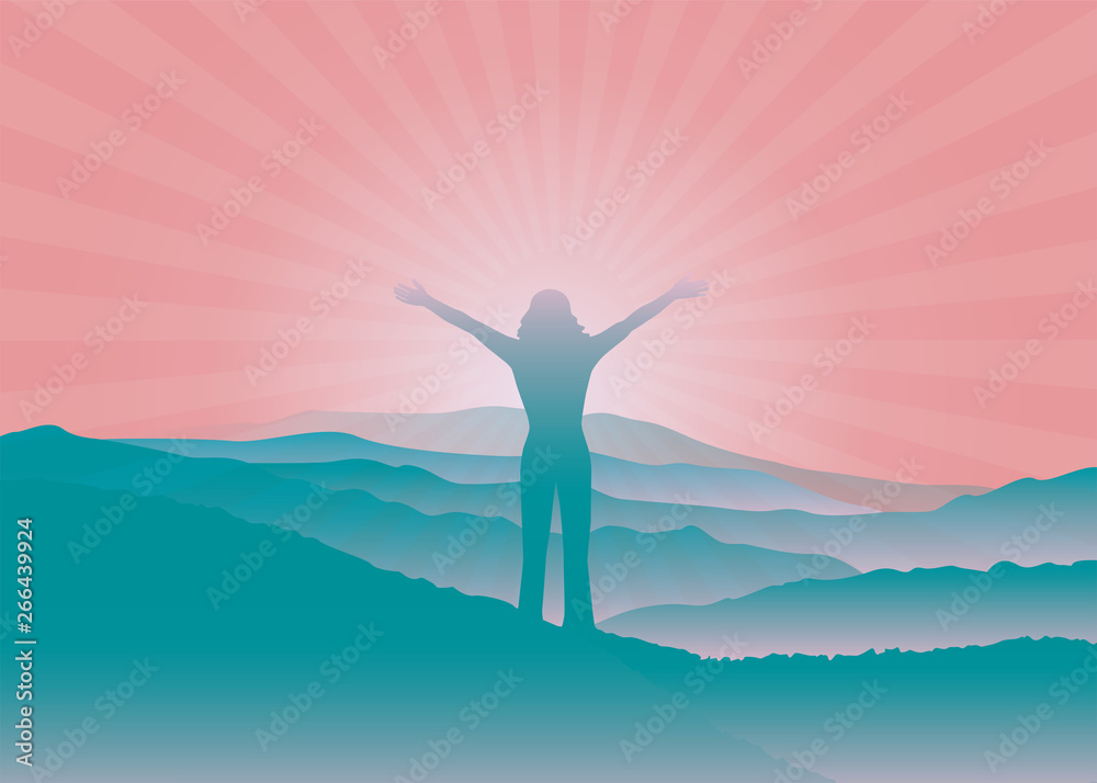 Girl with hands up on the top of mountain. Woman silhouette with raised ...