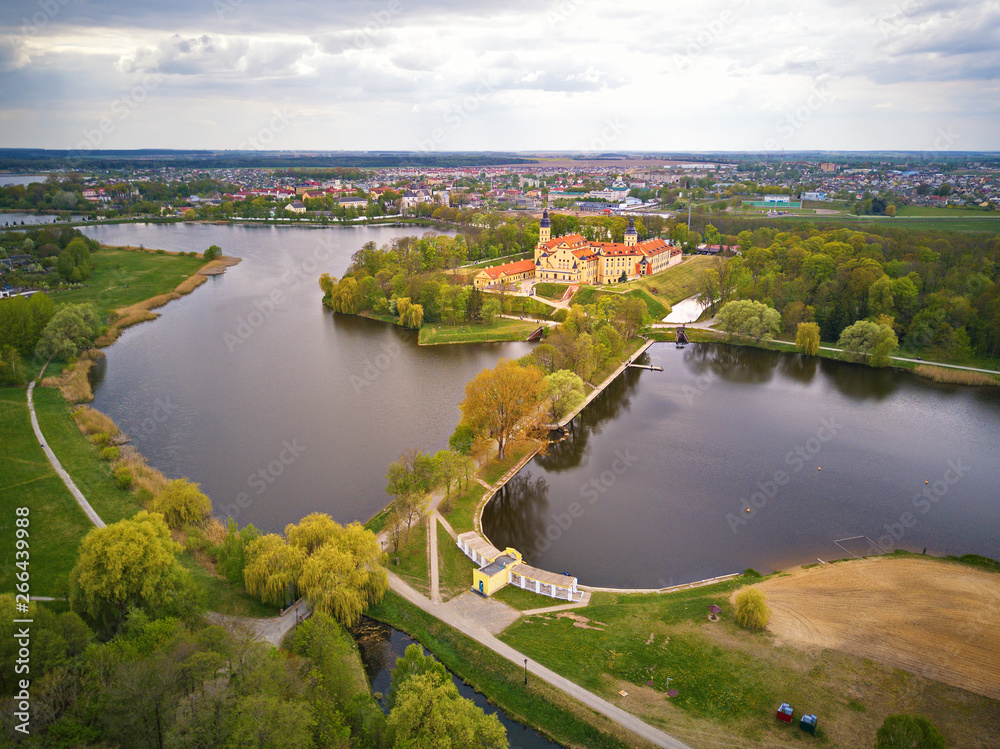 Aerial view of Medieval castle in Nesvizh. Belarus