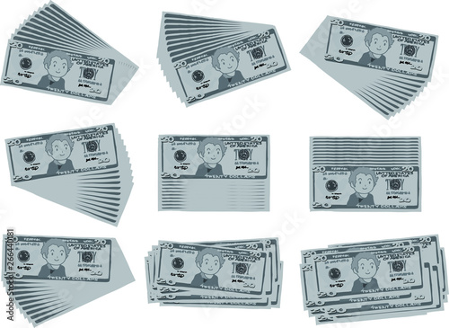 Monochrome Bunch of Cute hand-painted 20 US dollar banknote set