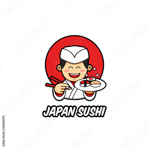 Japan sushi logo with japanese chef mascot character wear traditional white chef clothes bring sush on plate and chopstick in cartoon style