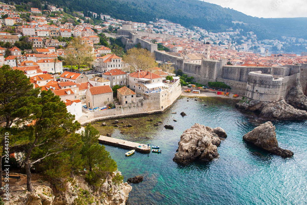 Dubrovnik West Pier and medieval fortifications of the city seen from Fort Lovrijenac