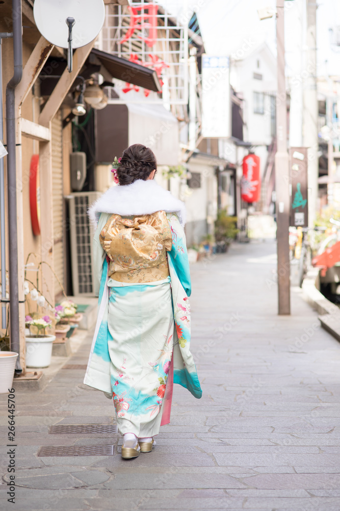 Fototapeta premium 路地を歩く振袖の女性