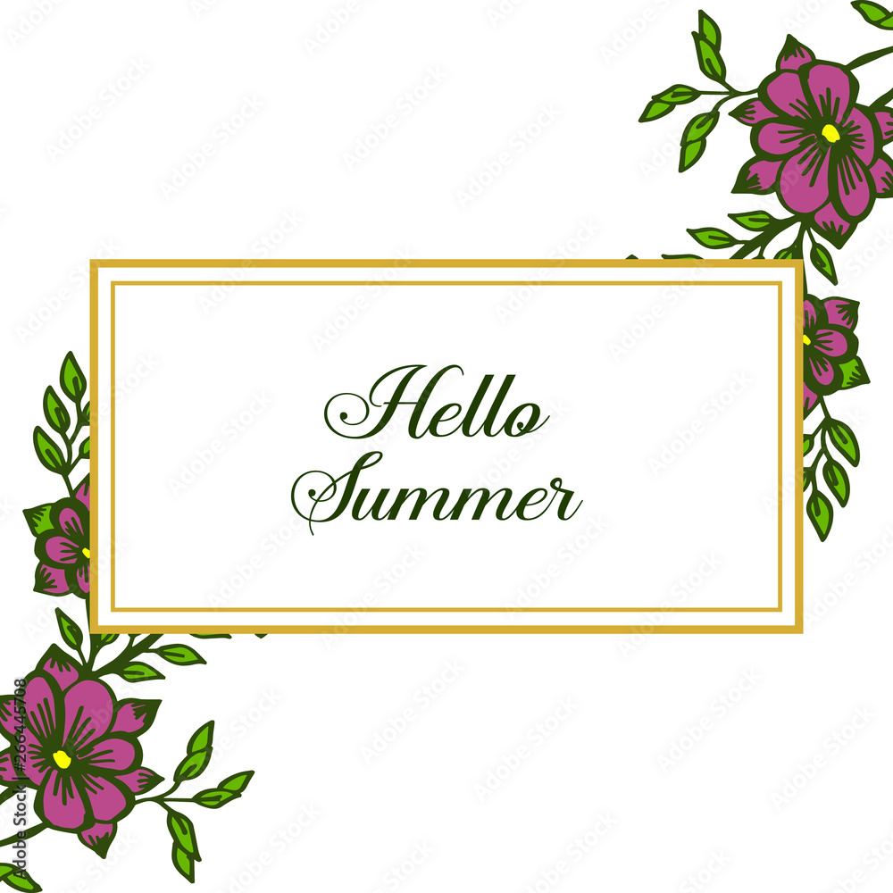 Vector illustration lettering hello summer with abstract purple wreath frame Vector illustration lettering hello summer with abstract purple wreath frame