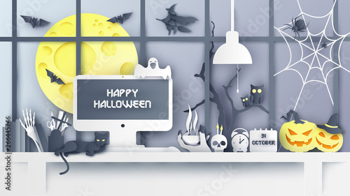 Illustration of Interior design for workplace on Halloween. Decorate the office desk in Halloween. Working on halloween. paper cut and craft style. vector, illustration.