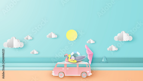 Illustration of driving a van Travel in summer on sea beach. Car with beach equipment Traveling along the beach in summer. paper cut and craft style. vector, illustration.
